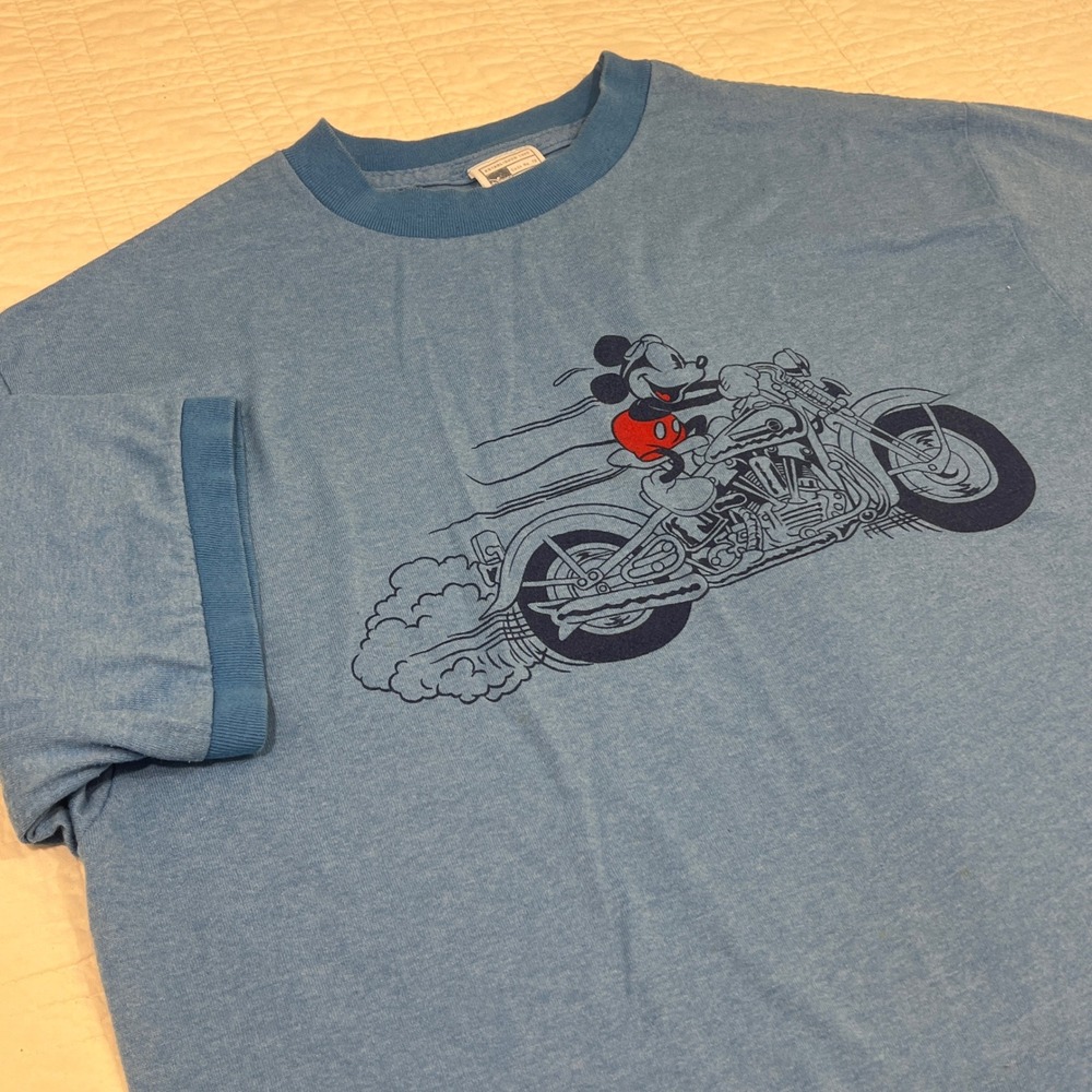 Disney Mickey Mouse Motorcycle Ringer T-Shirt Blue‎ Vintage Graphic Tee Large